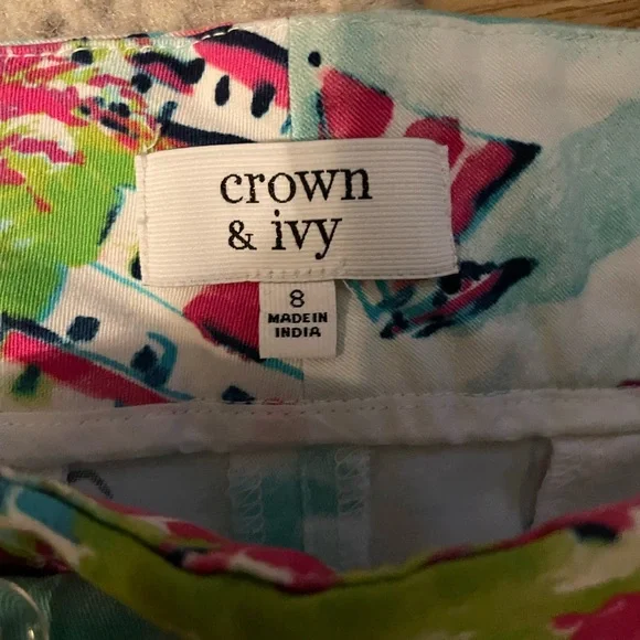 Crown & Ivy Watercolor Waterscape Scalloped Shorts Womens Size 8 Blue Coastal - Picture 8 of 9